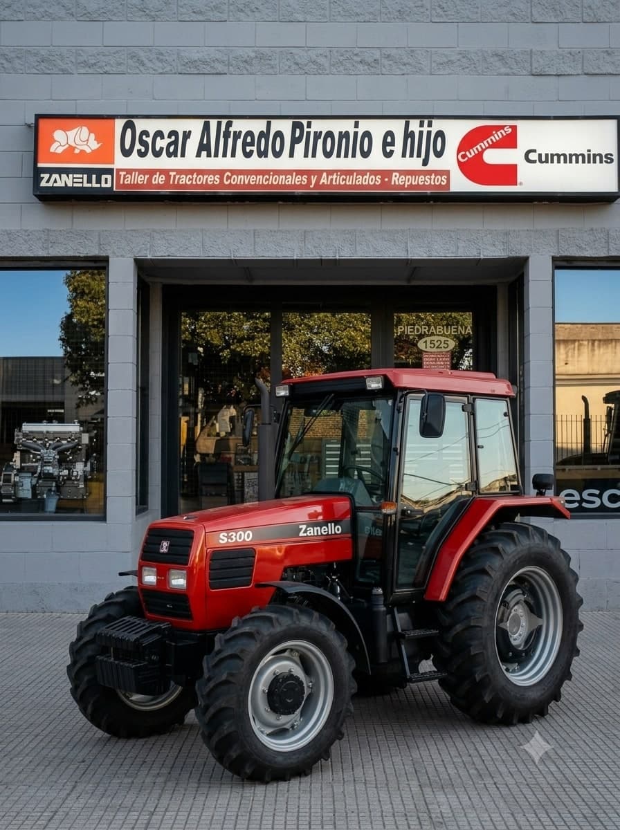 Frente del taller de reparación de tractores Zanello en Tandil, Buenos Aires, con un tractor Zanello S300 estacionado en la entrada